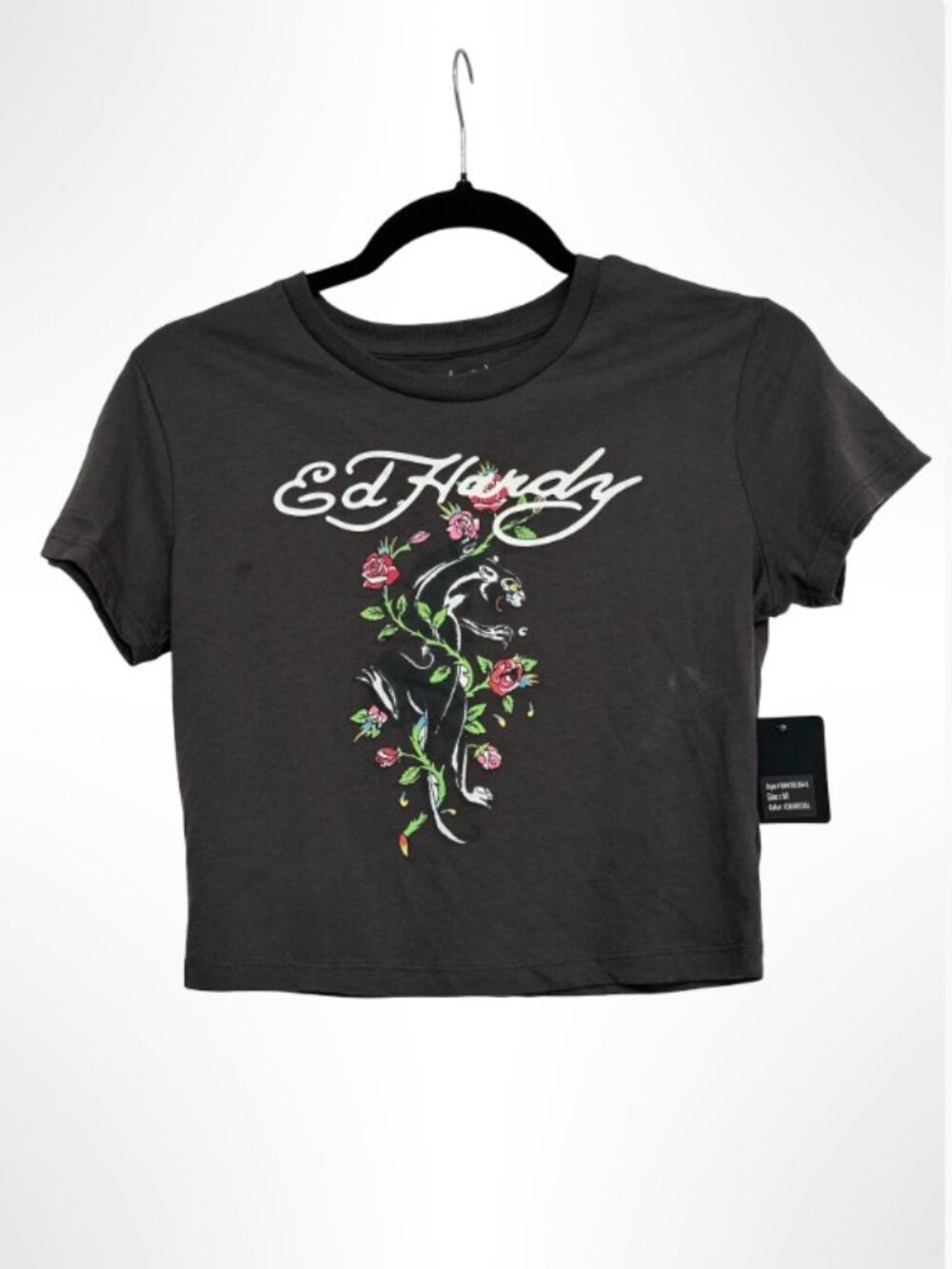 ED HARDY Panther Rose Short Sleeve Cropped T-Shirt Black Size M NWT